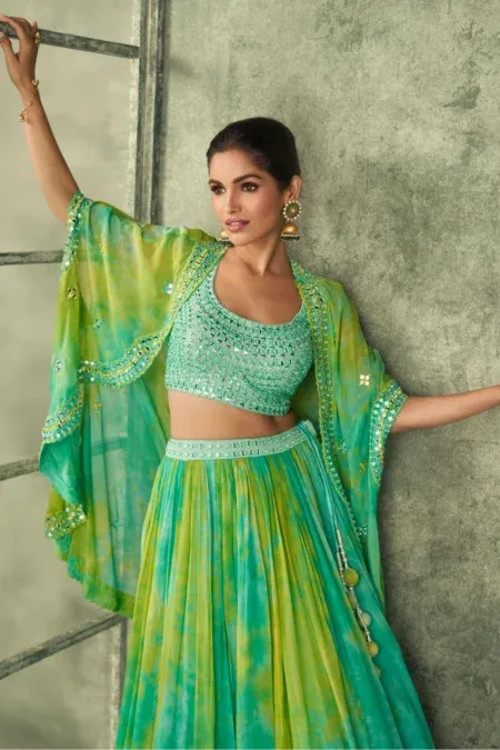 Green Art Silk Mirror Work Lehenga Set