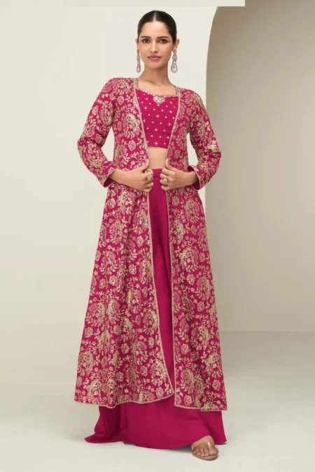 Pink Chinnon Silk Palazzo Suit with Embroidered Jacket