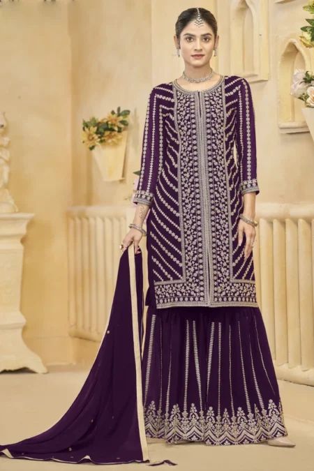 Royal Wine Faux Georgette Sharara Set with Embroidery