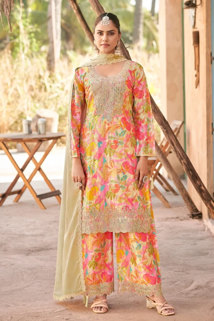 Multicolor Floral Print Chinon Embroidered Suit with Cream Dupatta