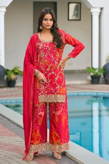 Red Chinon Palazzo Suit with Printed Fancy Dupatta