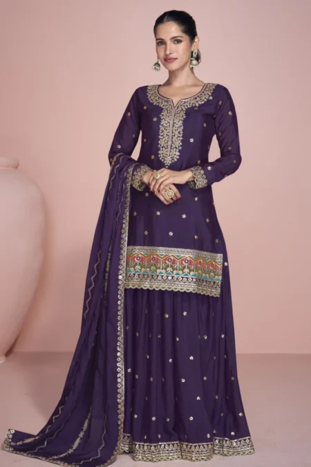 Purple Premium Chinon Silk Embroidered Sharara Suit