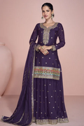 Purple Premium Chinon Silk Embroidered Sharara Suit
