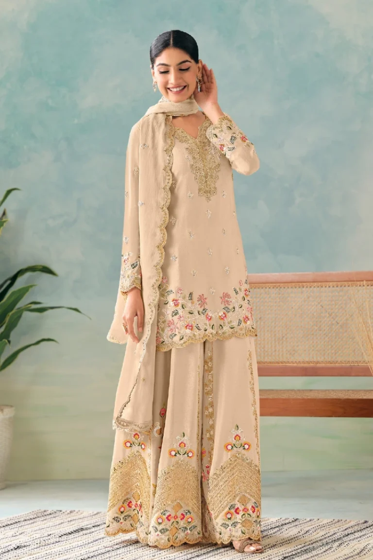 Beige Chinnon Embroidered Sharara Suit