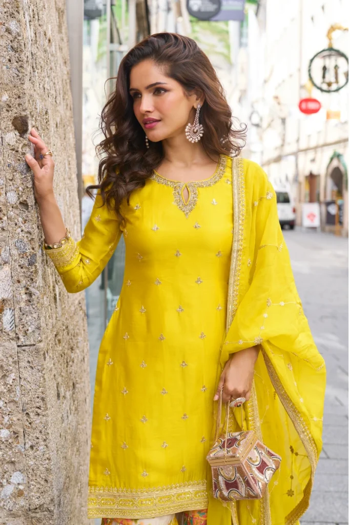 Yellow Chinon Embroidered Top with Cream Sharara