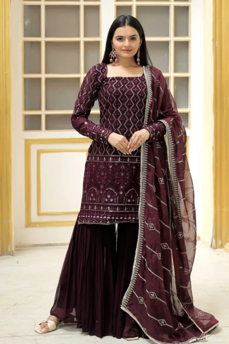 Wine Thread Embroidery & Sequins Georgette Sharara Suit