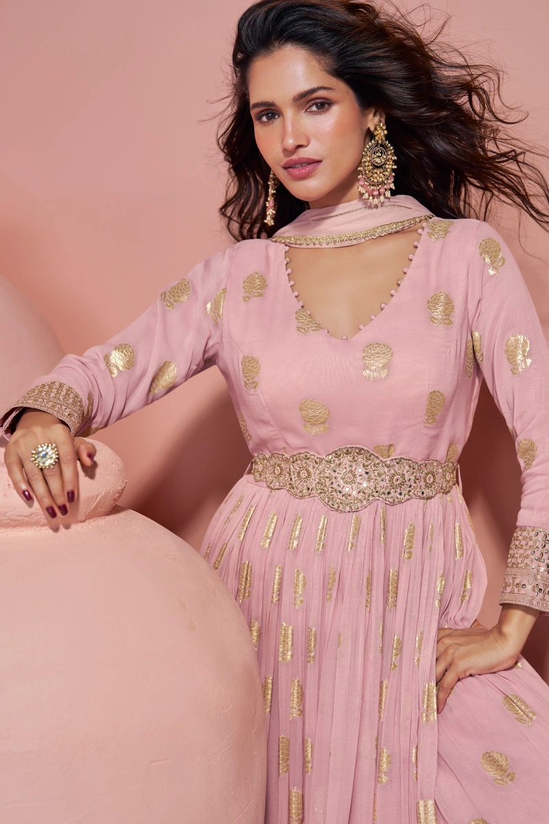 Pink Viscose Jacquard Silk Embroidered Anarkali Gown with Dupatta