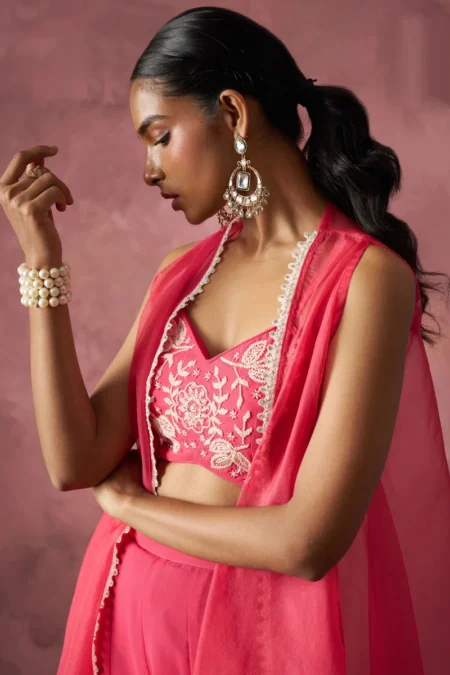Pink Georgette Palazzo Suit with Embroidered Organza Jacket