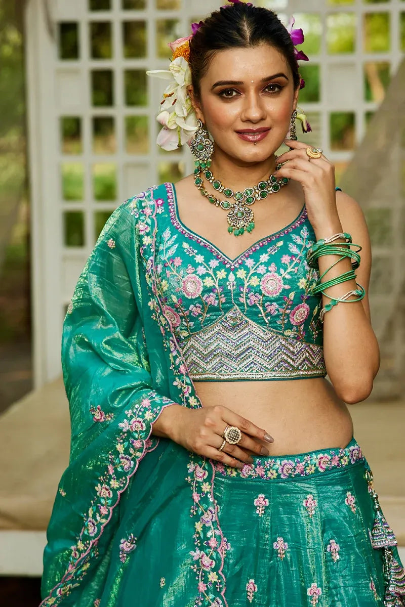 Sea Green Tissue Sequins Embroidered Lehenga Choli with Dupatta