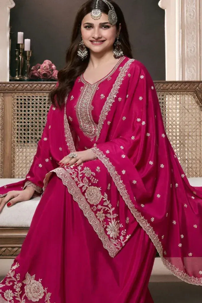 Pink Chinon Silk Thread Work Sharara Suit