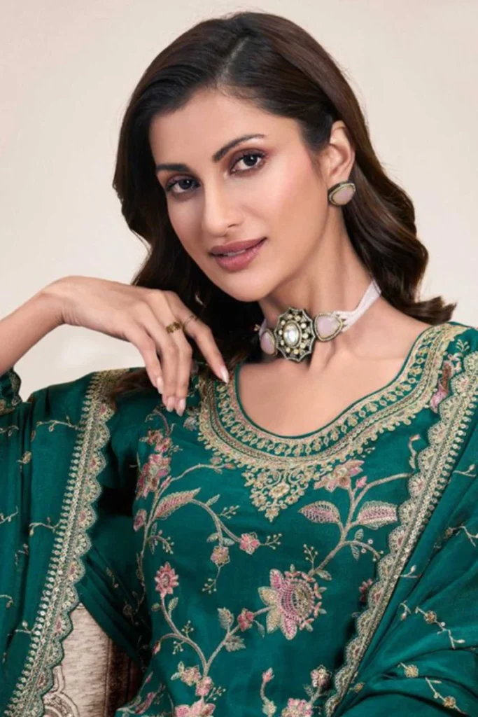 Aqua Green Chinon Silk Embroidered Sharara Suit