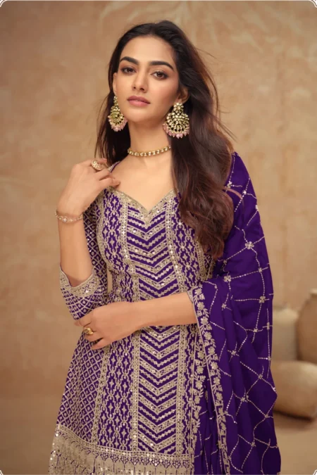 Purple Chinnon Palazzo Suit with Embroidery & Sequins