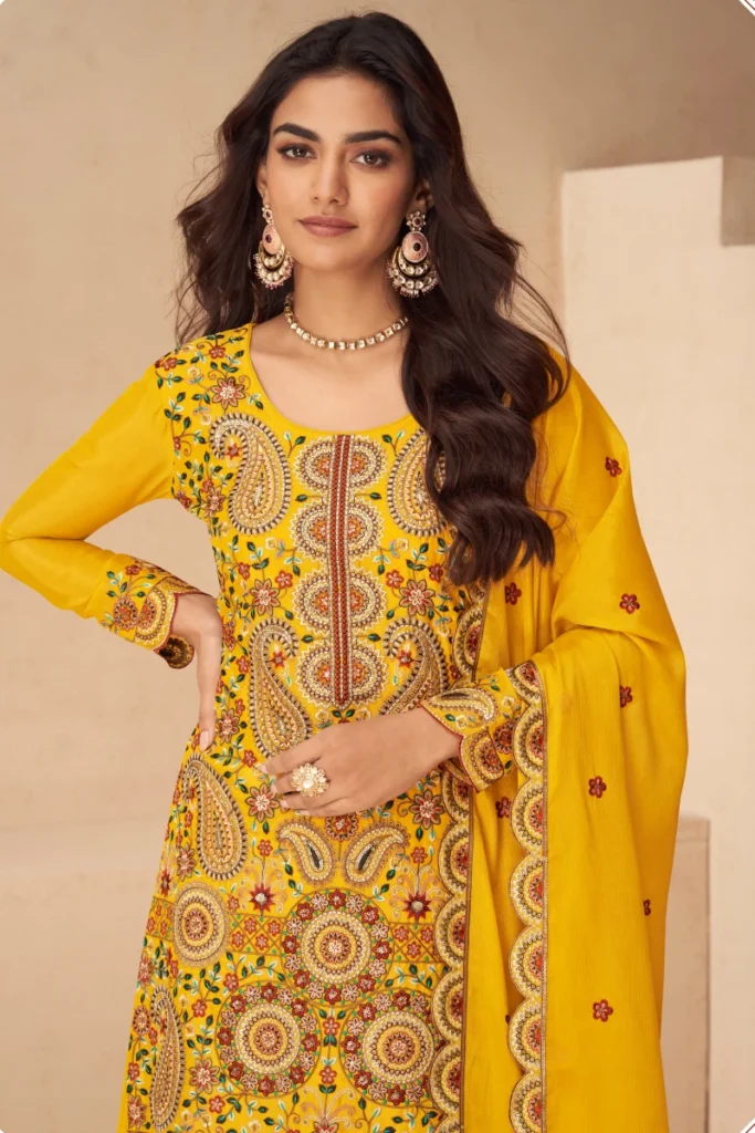 Yellow Chinon Palazzo Suit with Dupatta