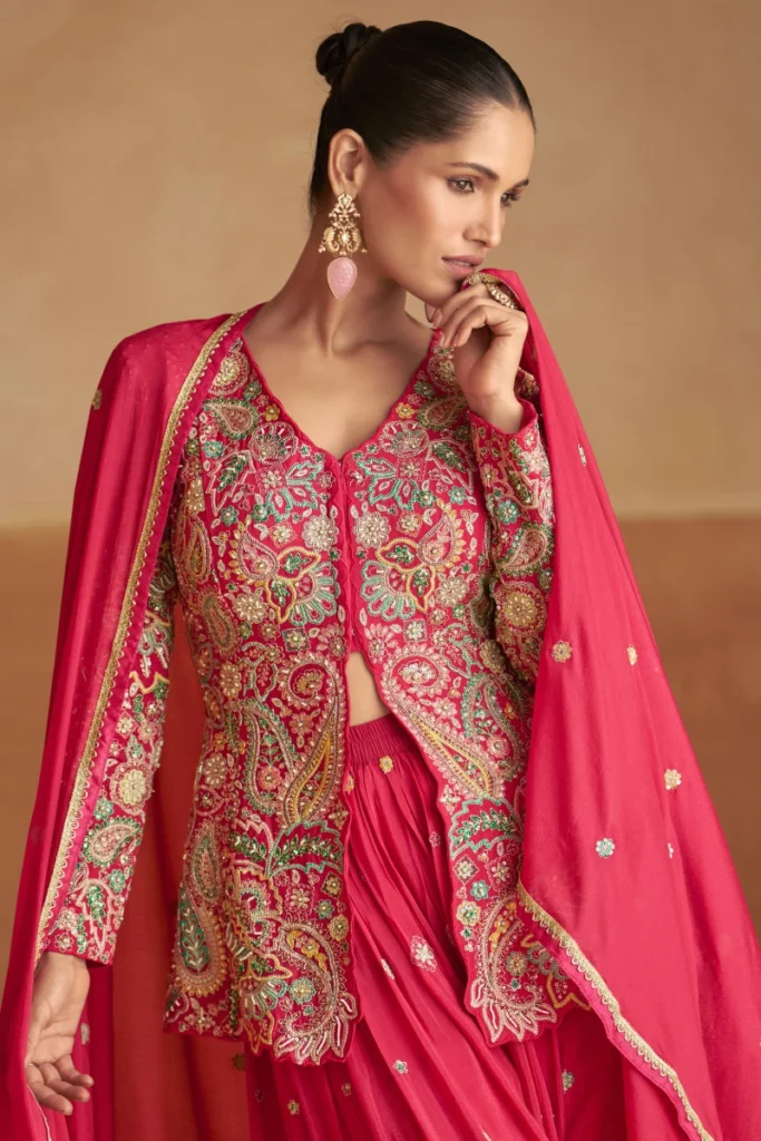 Red Chinon Jacket Style Palazzo Suit with Dupatta