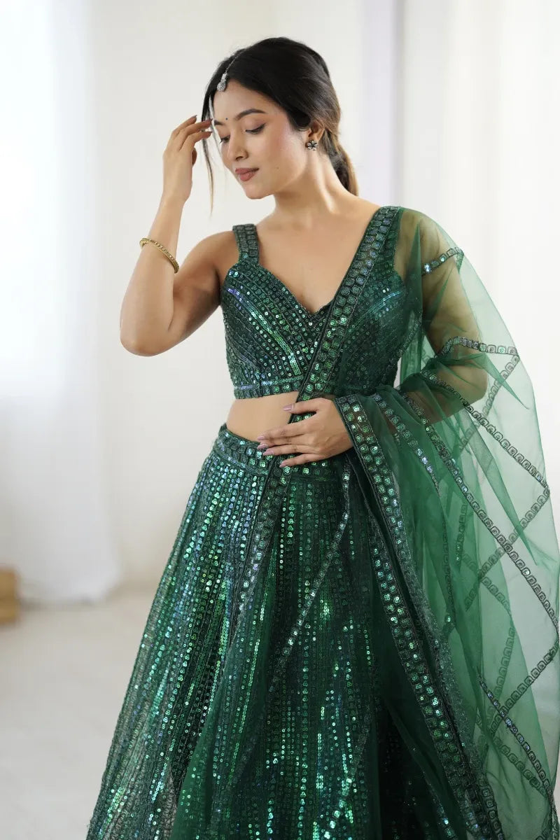 Green Net Embroidered Lehenga Choli with Dupatta