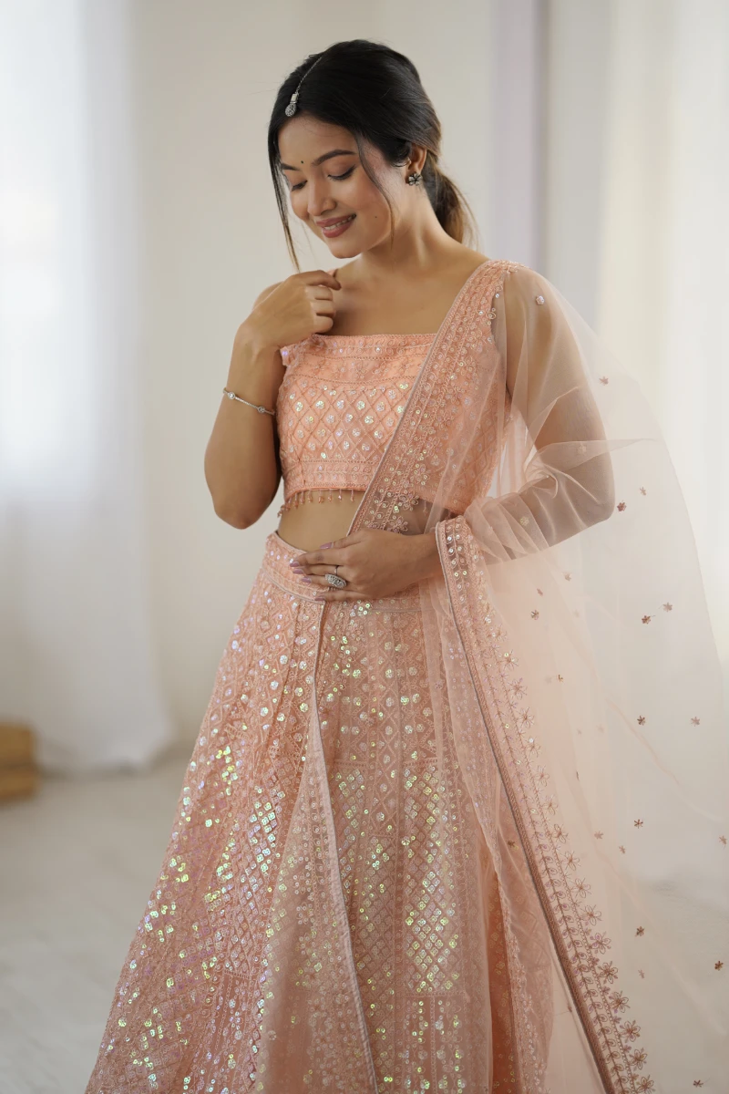 Peach Net Embroidered Lehenga Choli with Dupatta
