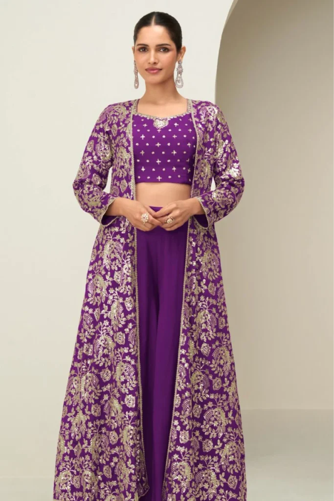 Lavender Chinnon Silk Palazzo Suit with Embroidered Jacket