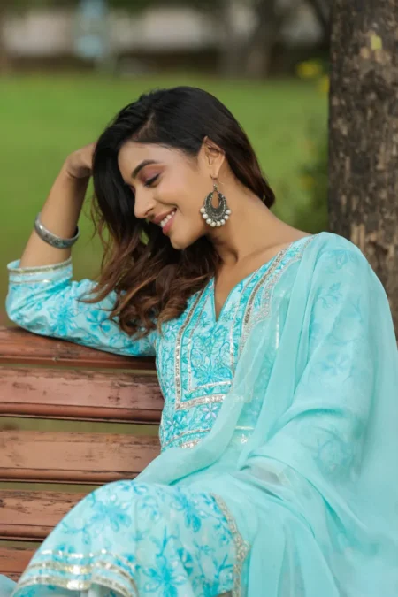 Ice Blue Embroidered Cotton Floral Print Kurta Suit set of 3