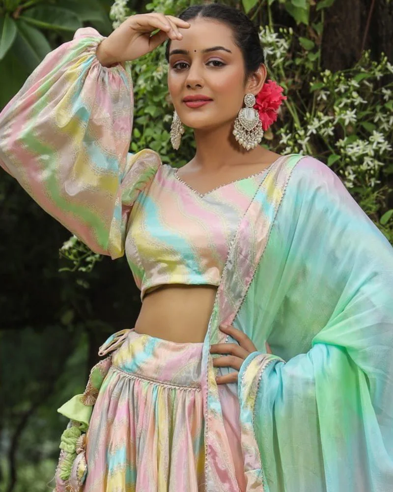 Multi Color Chinon Lehenga Set