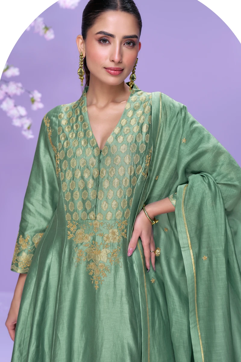 Sea Green Roman Silk Embroidered Long Kurta with Palazzo and Organza Dupatta