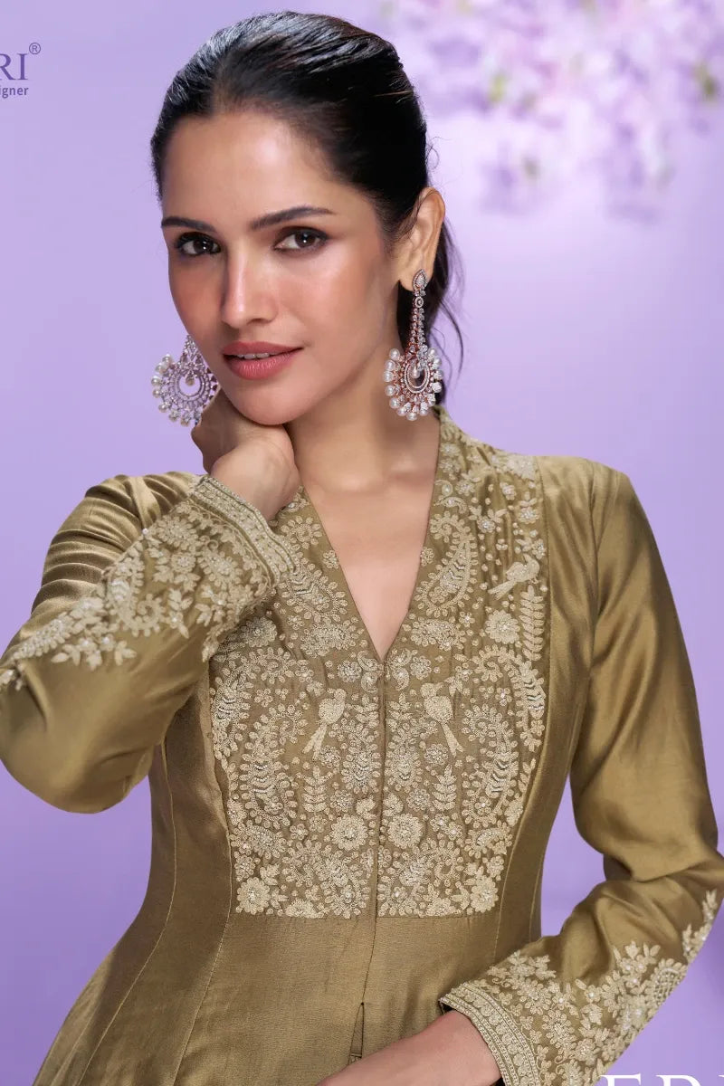 Mehendi Green Roman Silk Embroidered Long Kurta with Palazzo and Organza Dupatta