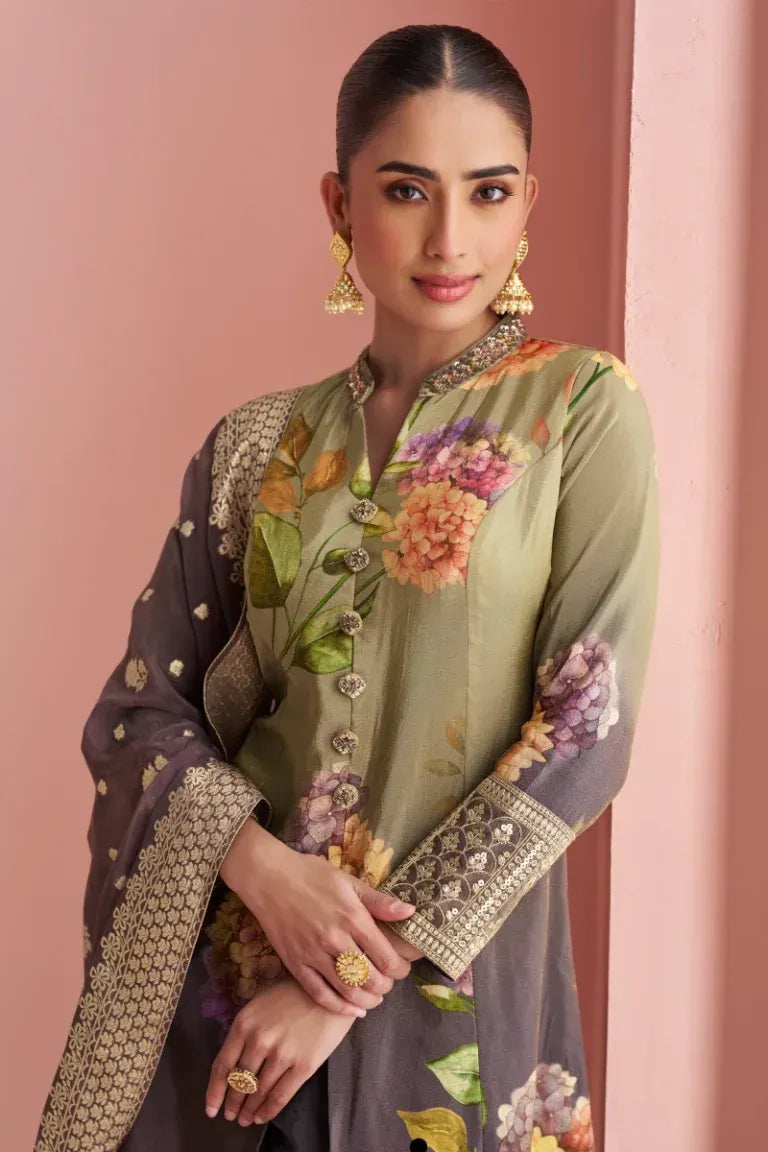 Multicolor Silk Slit Style Suit with Jacquard Dupatta