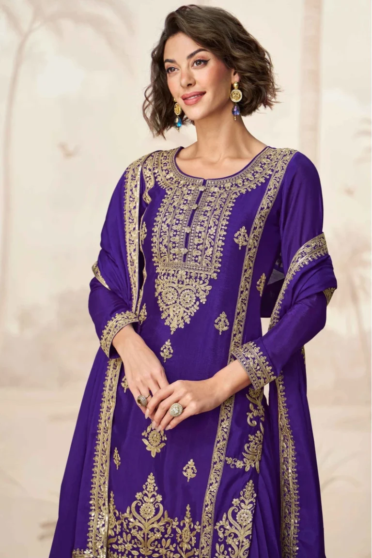 Purple Embroidered Chinnon Silk Palazzo Suit