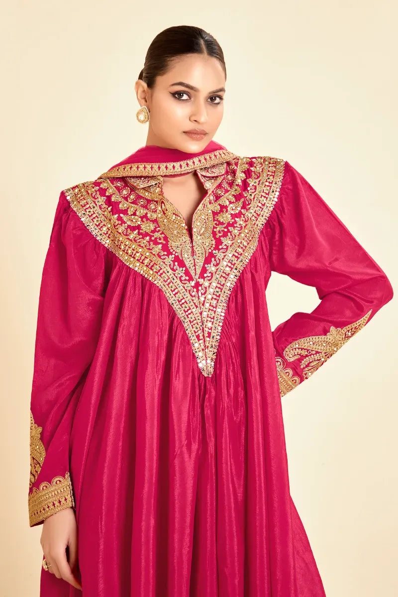 Rani Pink Dhoti Style Suit in Chinon with Heavy Embroidery