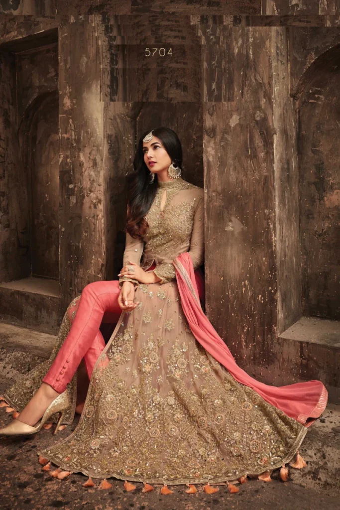 Beige & Pink Net Anarkali Suit with Zari & Diamond Wor