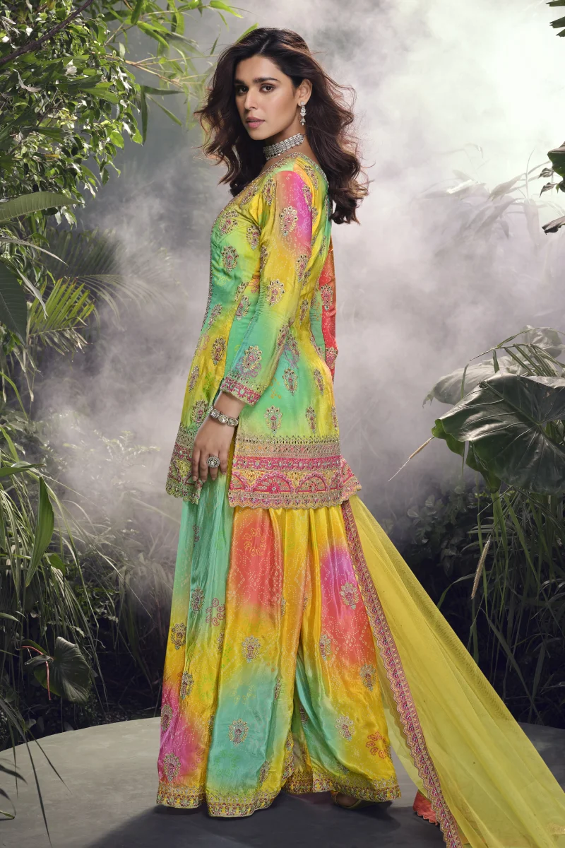Yellow Tie-Dye Embroidered Palazzo Suit