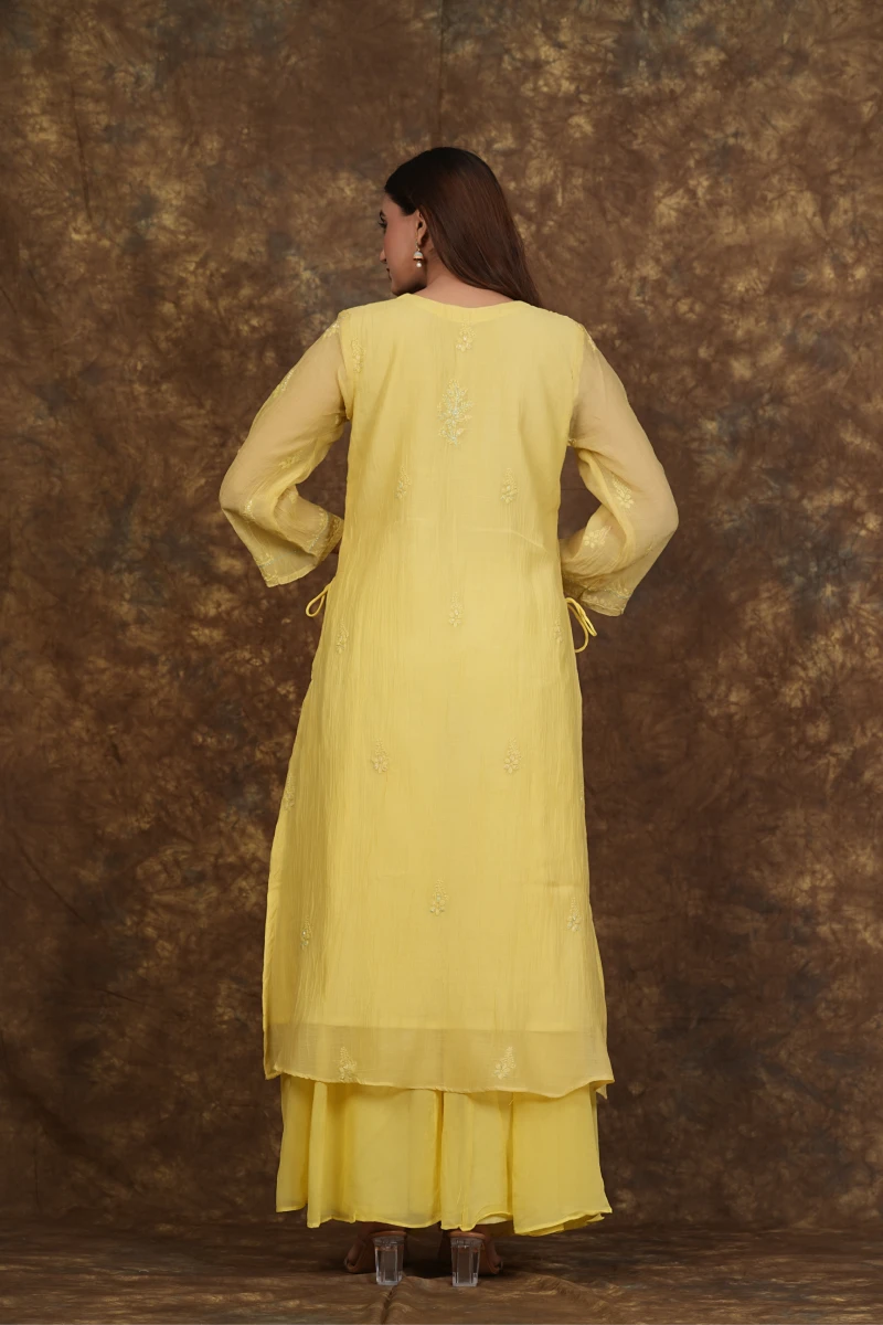 Pastel Yellow Chikankari Handwork Nayra Cut Kurta Set with Dupatta