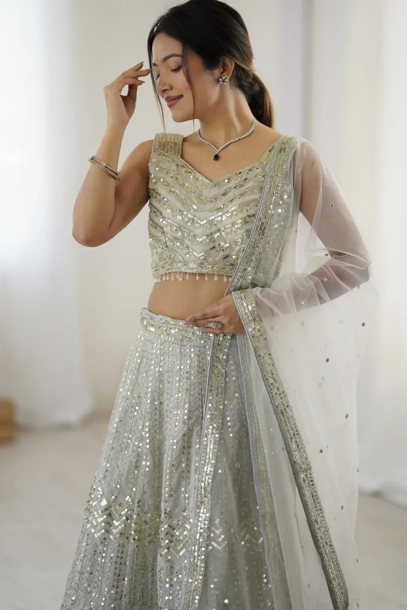 Greyish White Georgette Embroidered Lehenga Choli
