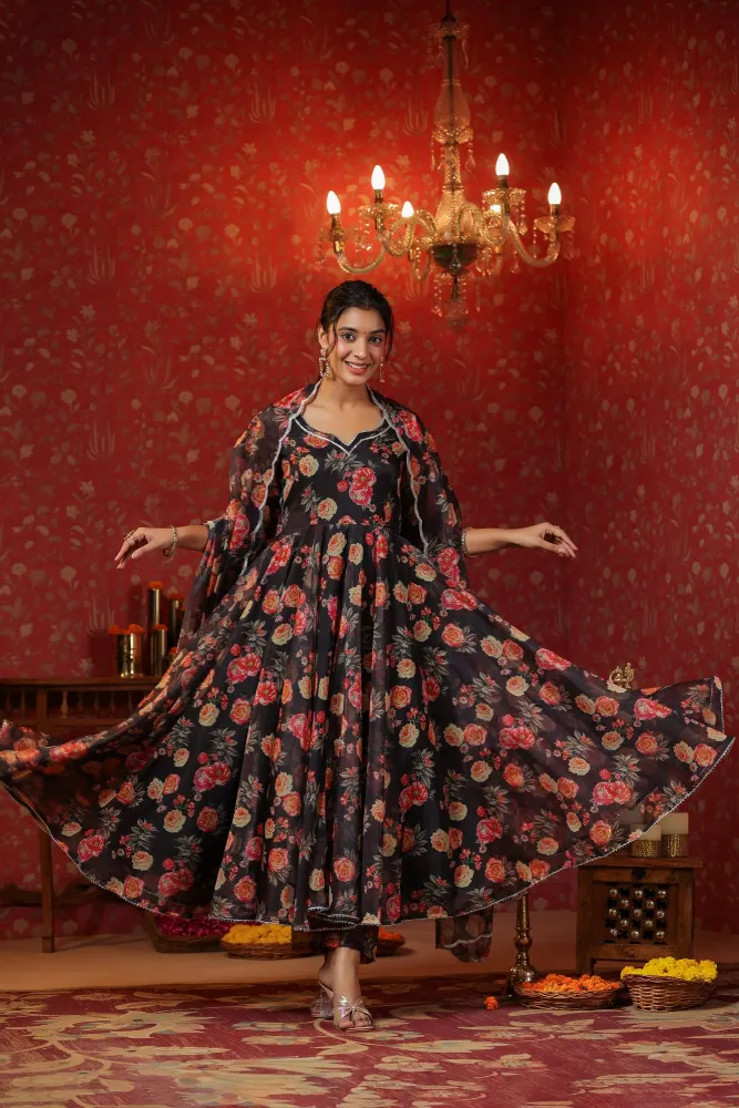 Woodsmoke Black Organza Anarkali Set