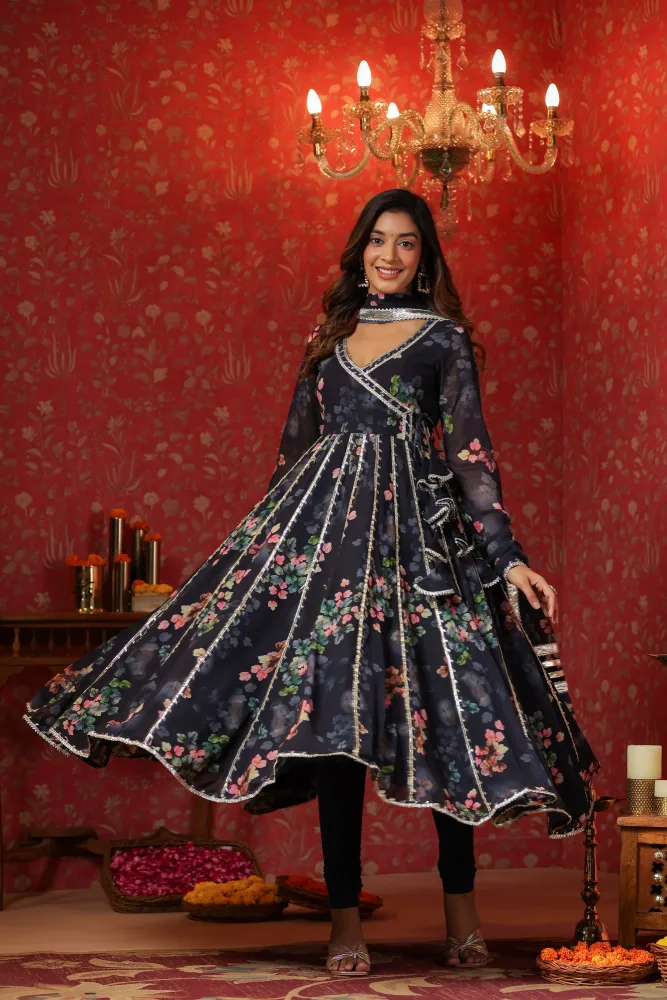 Blue Angrakha Georgette Anarkali Suit set With Gota Work