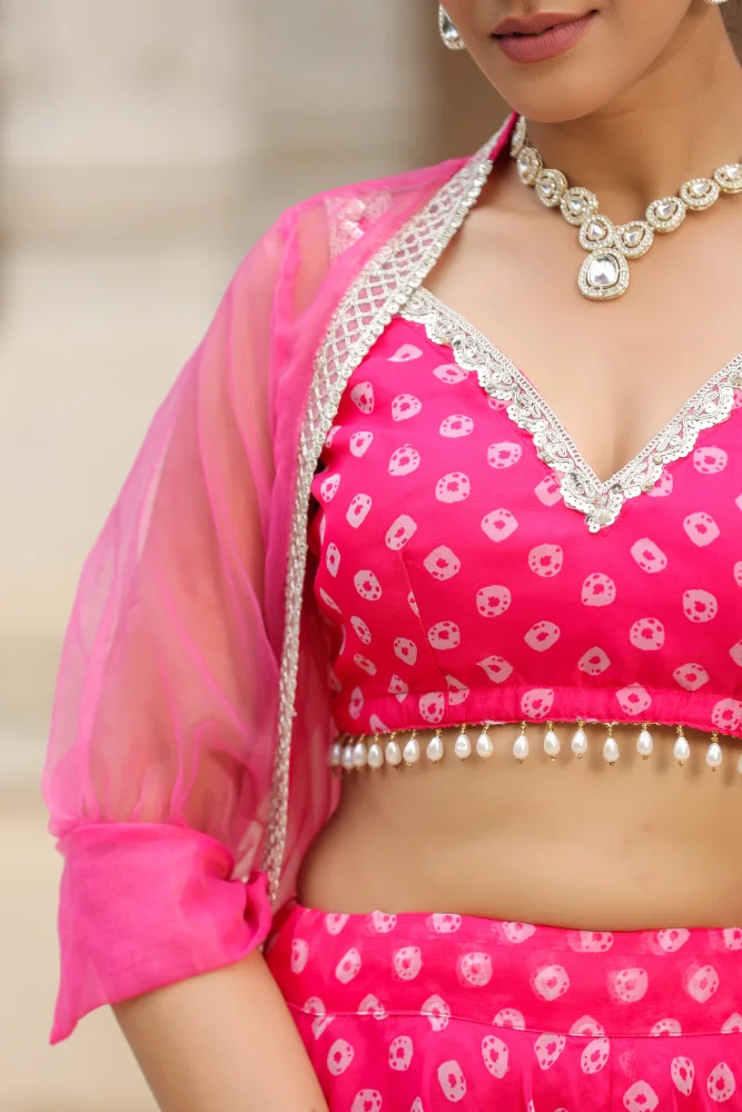 Crimson Pink Organza Bandhani Print Lehenga Set