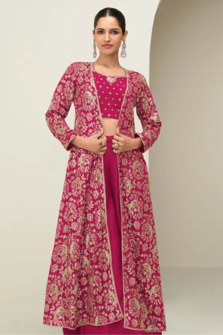 Pink Chinnon Silk Palazzo Suit with Embroidered Jacket