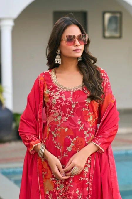Red Chinon Palazzo Suit with Printed Fancy Dupatta