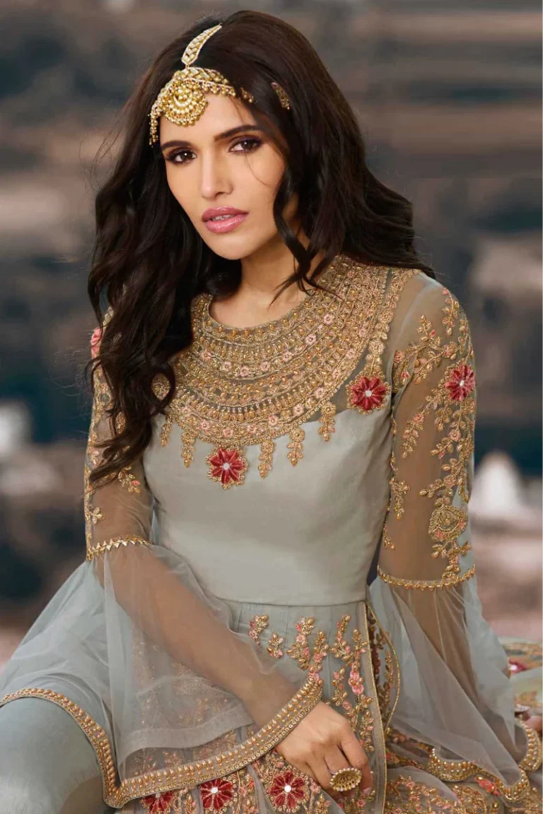 Grey Net Anarkali Suit with Pant