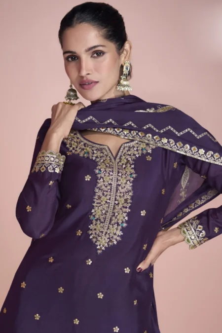Purple Premium Chinon Silk Embroidered Sharara Suit