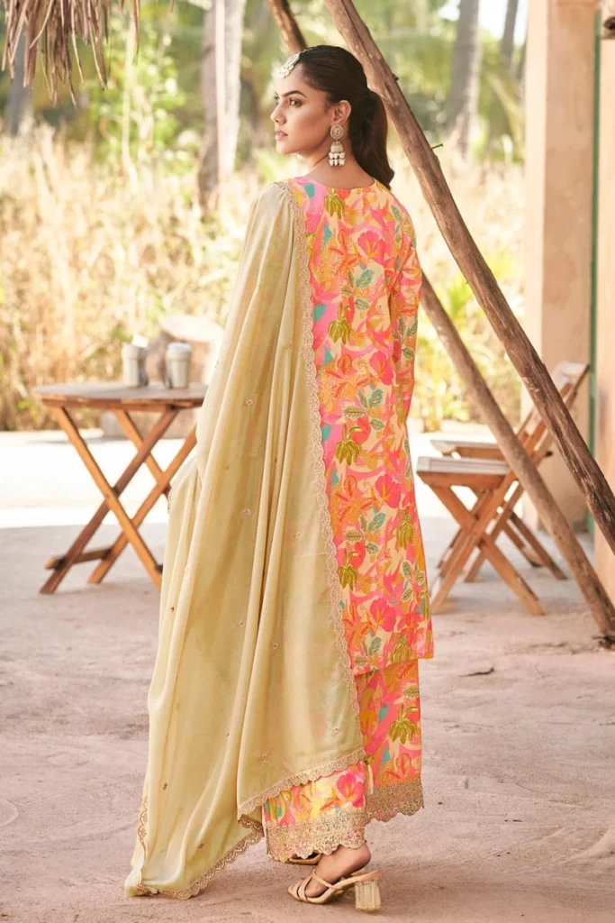Multicolor Floral Print Chinon Embroidered Suit with Cream Dupatta