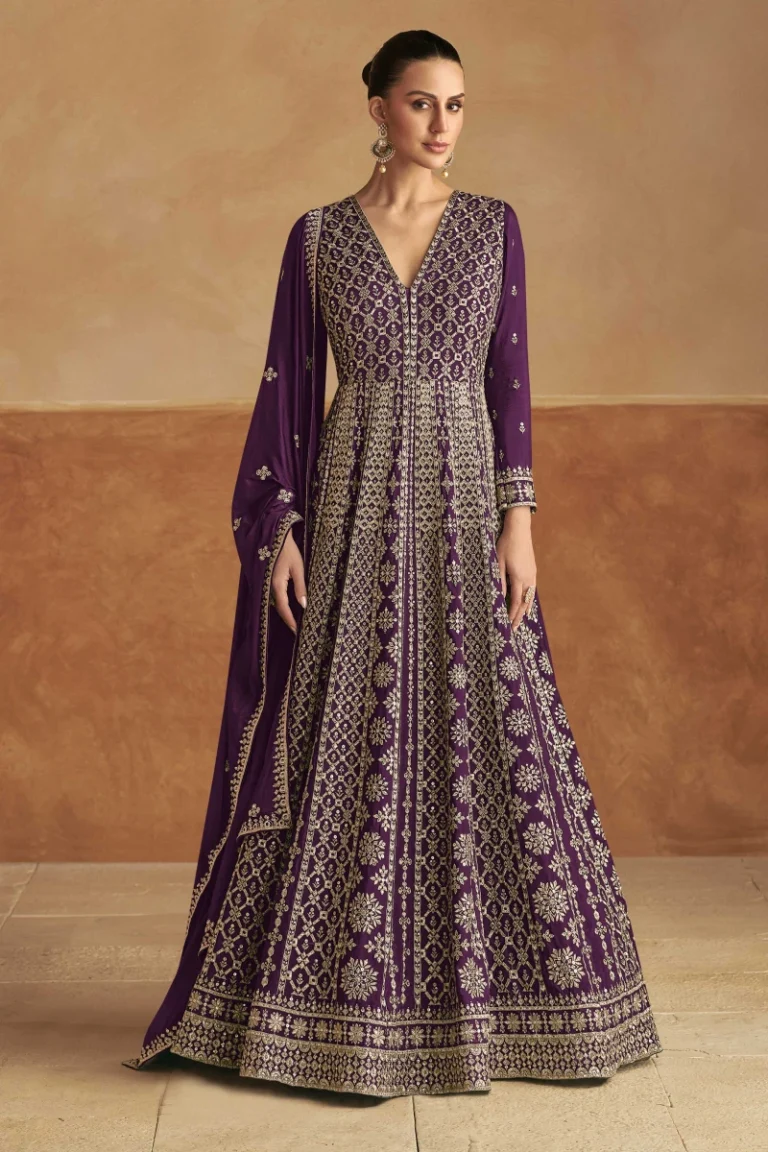 Purple Chinon Gown with Embroidery & Sequins