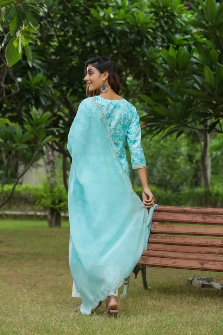 Ice Blue Embroidered Cotton Floral Print Kurta Suit set of 3