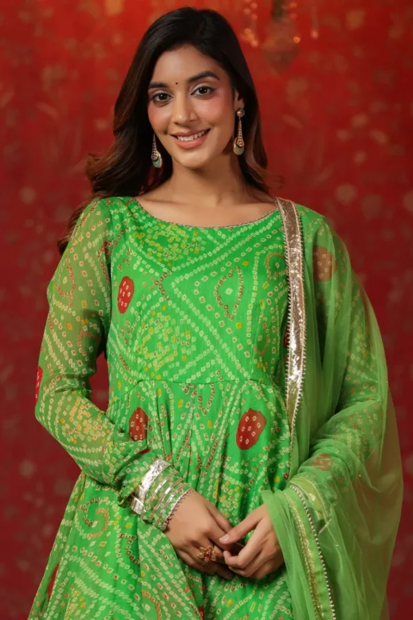 Apple Green Bandhani Print Sharara Set With Gota Lace Work