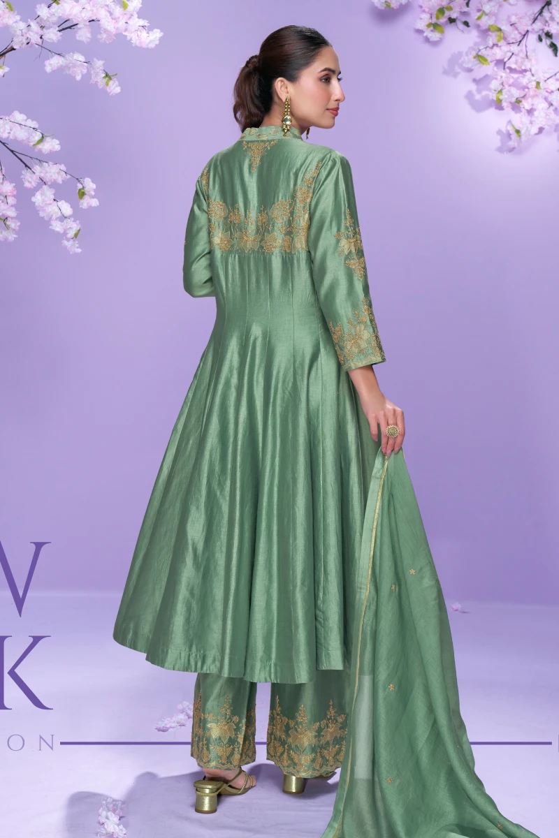 Sea Green Roman Silk Embroidered Long Kurta with Palazzo and Organza Dupatta