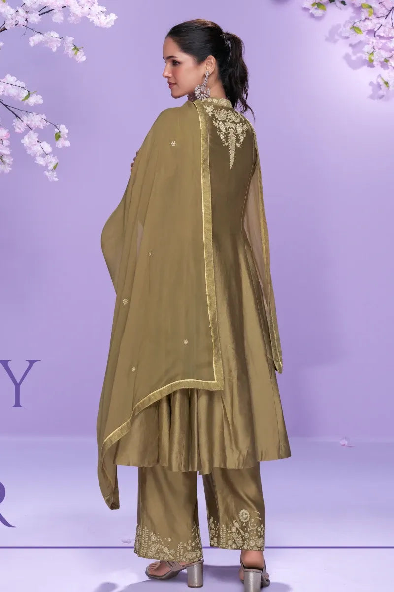 Mehendi Green Roman Silk Embroidered Long Kurta with Palazzo and Organza Dupatta