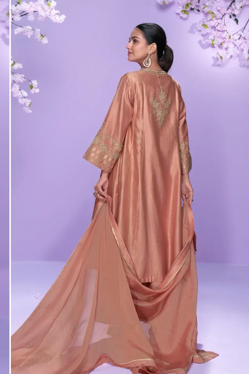 Peach Roman Silk Embroidered Long Kurta with Palazzo and Organza Dupatta