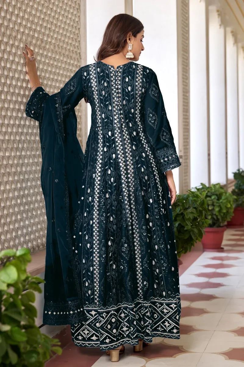 Teal Green Faux Georgette Embroidered Slit Style Salwar Suit with Dupatta