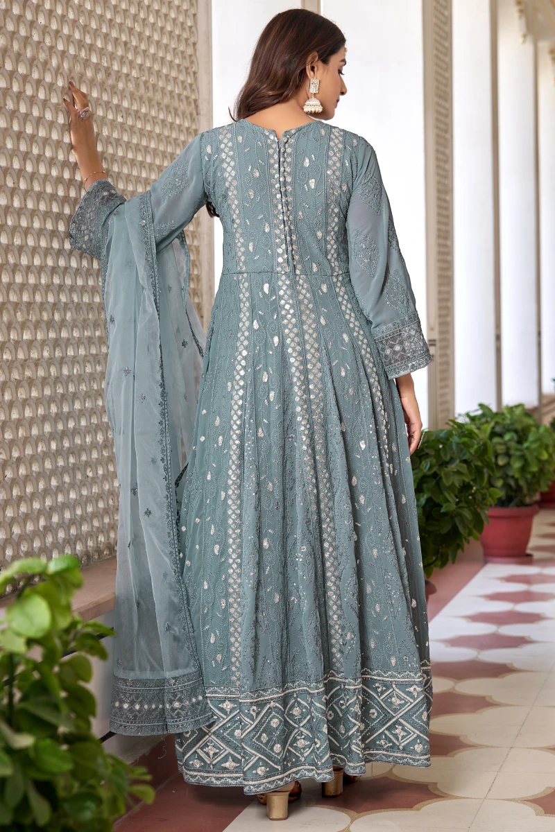 Cyan Blue Faux Georgette Embroidered Slit Style Salwar Suit with Dupatta
