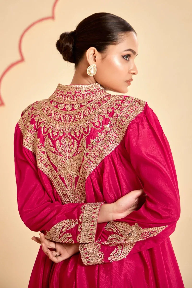 Rani Pink Dhoti Style Suit in Chinon with Heavy Embroidery