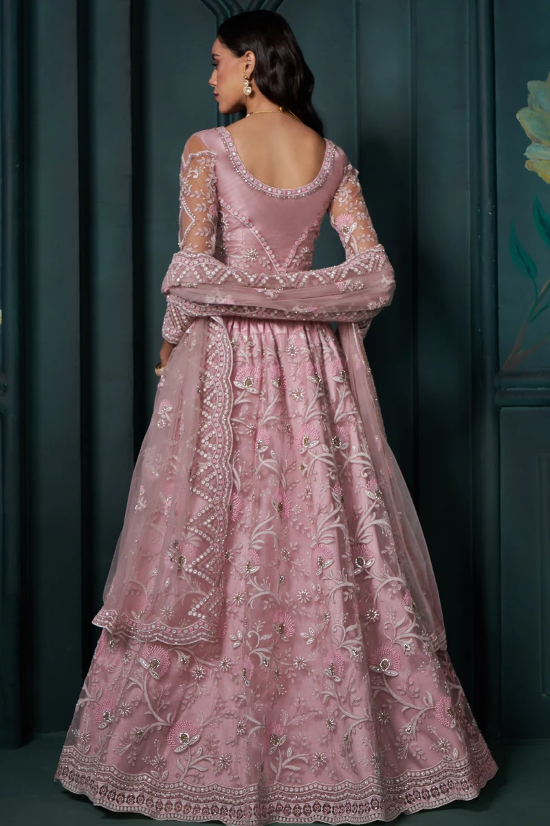 Pink Net Bridal Lehenga Choli with Heavy Embroidery